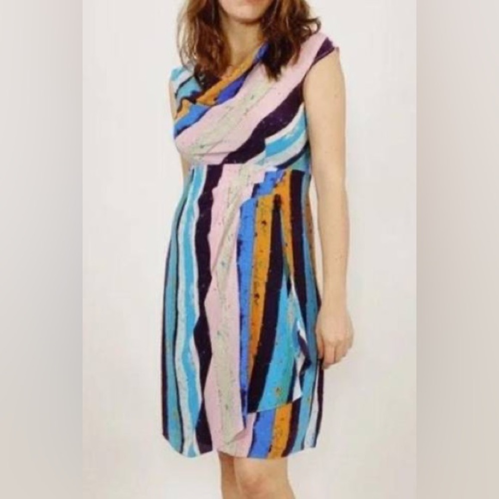 Plenty By Tracy Reese Multicolor Abstract Striped Silk Cowl Neck Dress